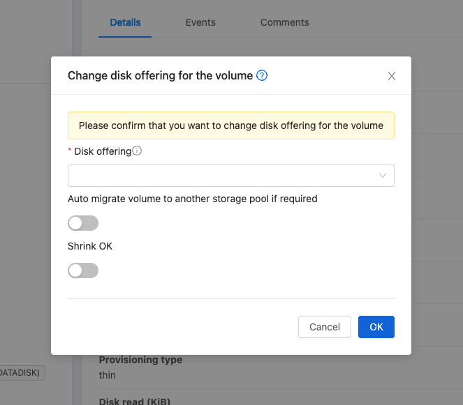 option to change offering for a volume.