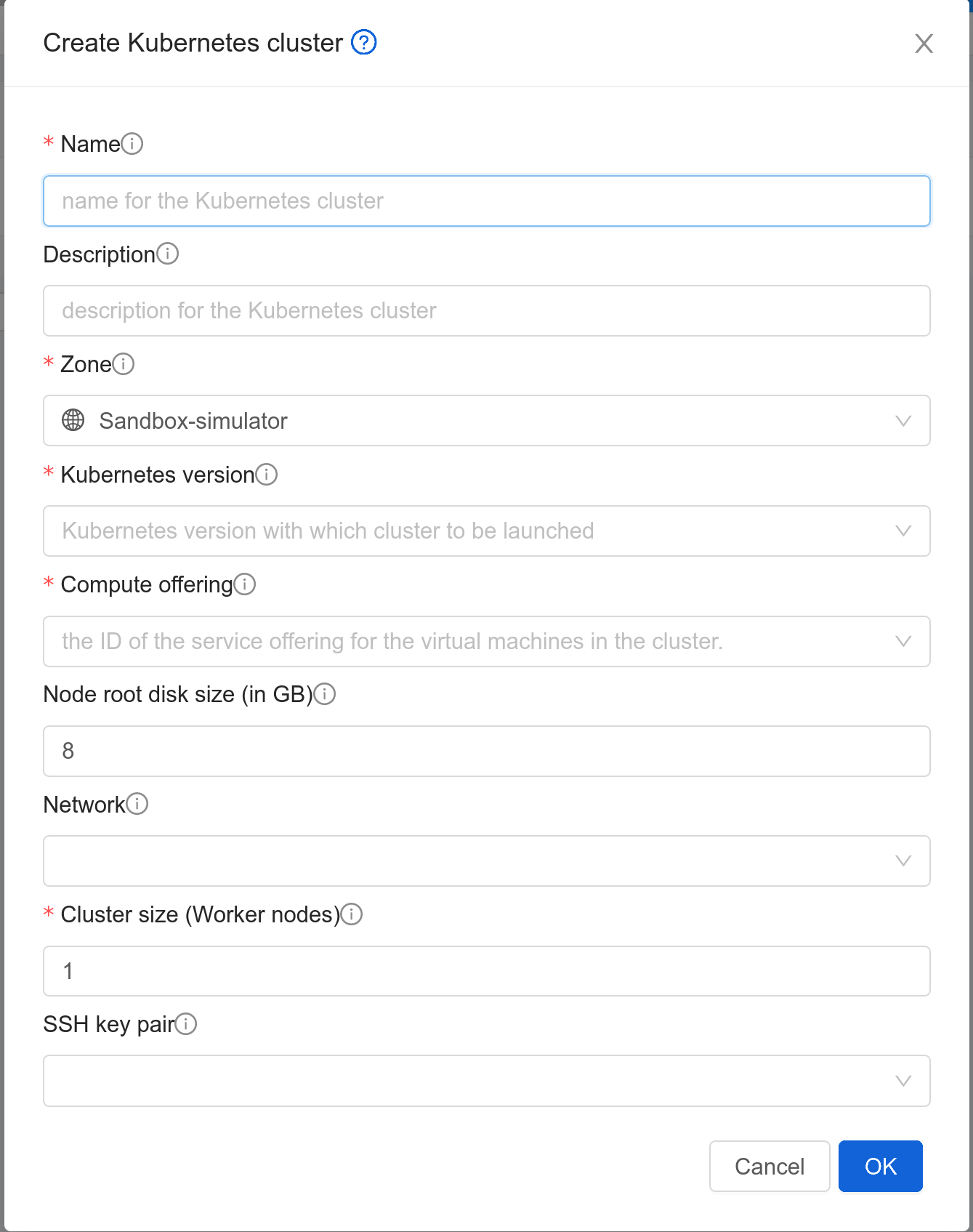 Create Kubernetes Cluster form.